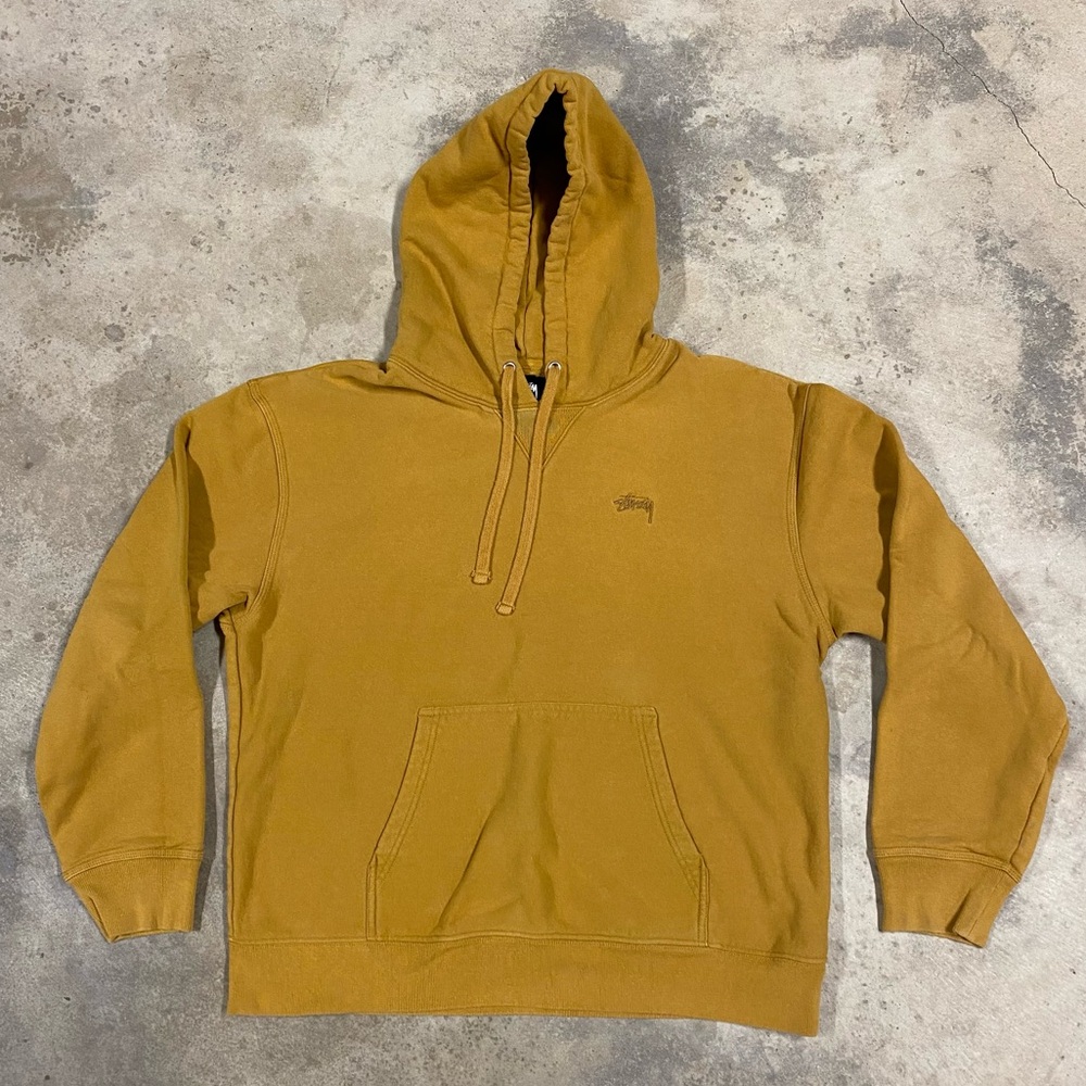Stussy Mustard Yellow Small Embroidered Logo Hoodie Sweater Pullover Size S